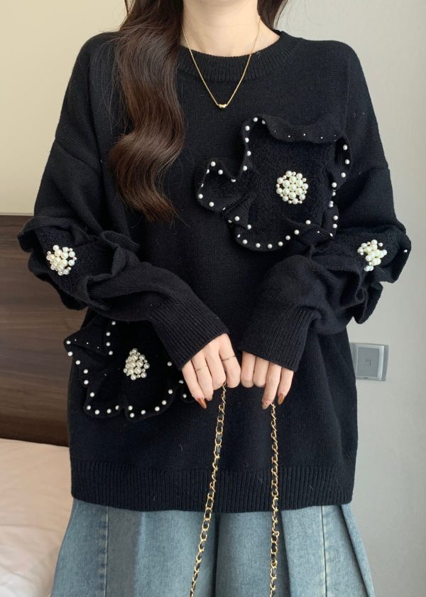 French Rose O Neck Floral Nail Bead Knit Sweater Tops Spring - Image 4