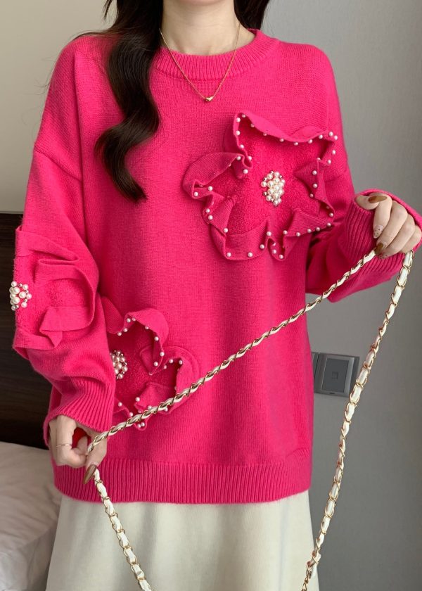 French Rose O Neck Floral Nail Bead Knit Sweater Tops Spring - Image 5