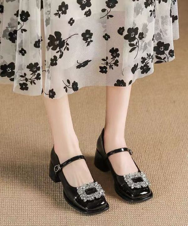 French Splicing Buckle Strap Zircon Chunky Heel Black Faux Leather - Image 3