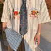 French Striped Embroideried Print Cotton Men Shirt Summer