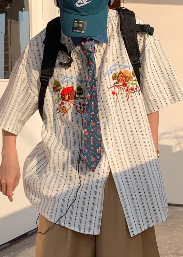 French Striped Embroideried Print Cotton Men Shirt Summer - Image 4