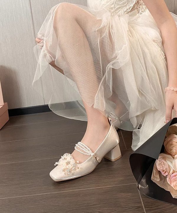 French Sweet Flower Thick Heel Satin Mary Jane Shoes - Image 3