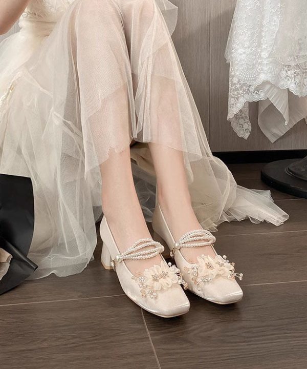 French Sweet Flower Thick Heel Satin Mary Jane Shoes - Image 4