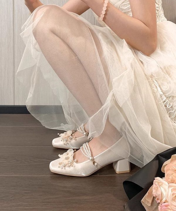 French Sweet Flower Thick Heel Satin Mary Jane Shoes - Image 5