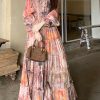 French V Neck Print Waistcoat And Maxi Dress Two Pieces Set Flare Sleeve