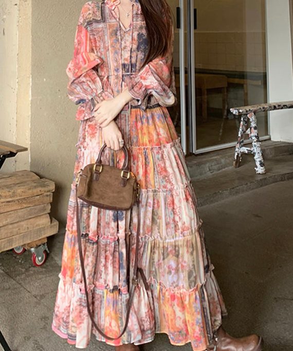 French V Neck Print Waistcoat And Maxi Dress Two Pieces Set Flare Sleeve