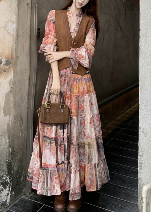 French V Neck Print Waistcoat And Maxi Dress Two Pieces Set Flare Sleeve - Image 2