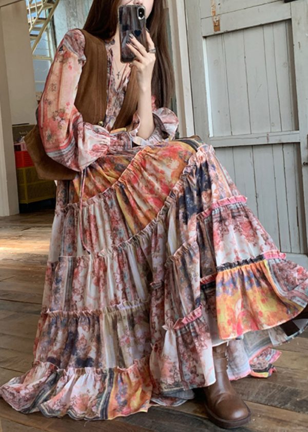 French V Neck Print Waistcoat And Maxi Dress Two Pieces Set Flare Sleeve - Image 3