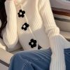 French White Hign Neck Floral Knit Sweaters Top Spring