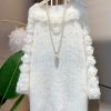 French White O Neck Floral Knit Sweater Dress Spring