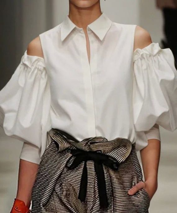 French White Peter Pan Collar Cold Shoulder Shirt