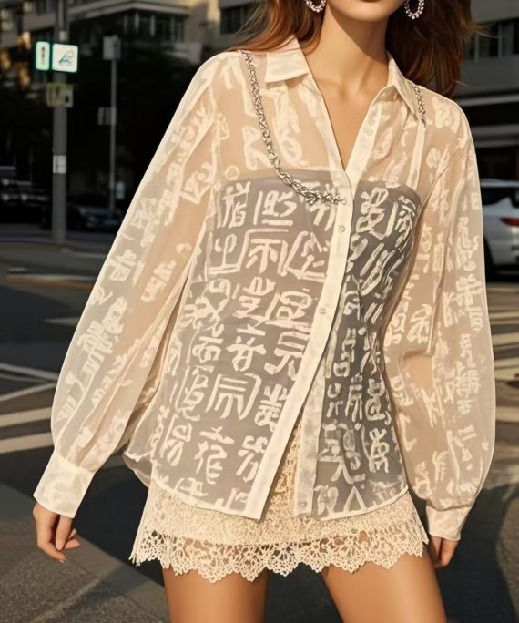 French White Print Chiffon UPF 50+ Blouses Spring
