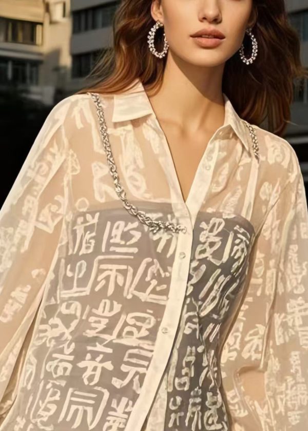 French White Print Chiffon UPF 50+ Blouses Spring - Image 2
