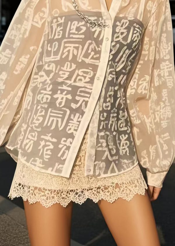 French White Print Chiffon UPF 50+ Blouses Spring - Image 4