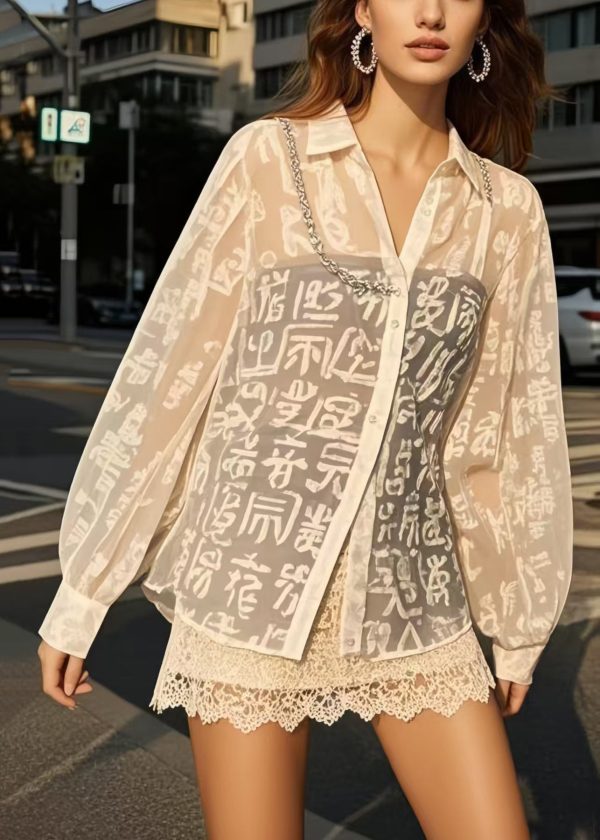 French White Print Chiffon UPF 50+ Blouses Spring - Image 5
