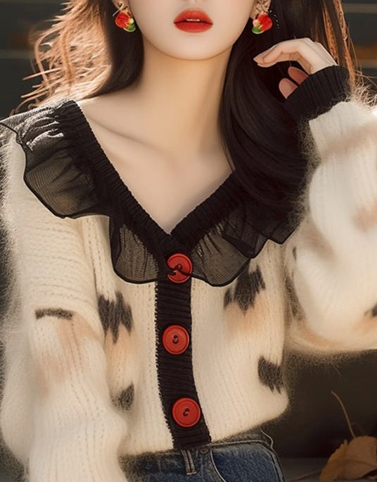 French White Ruffled Print Button Knit Cardigans Spring