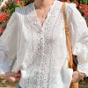 French White V Neck Embroidered Hollow Out Cotton Shirt Spring