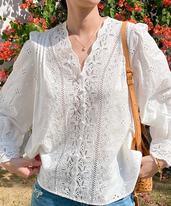 French White V Neck Embroidered Hollow Out Cotton Shirt Spring
