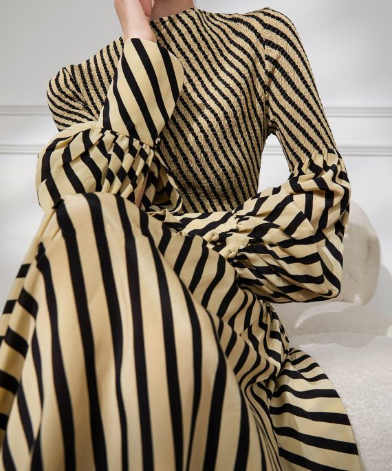 French Yellow O Neck Striped Patchwork Cotton Dress Fall