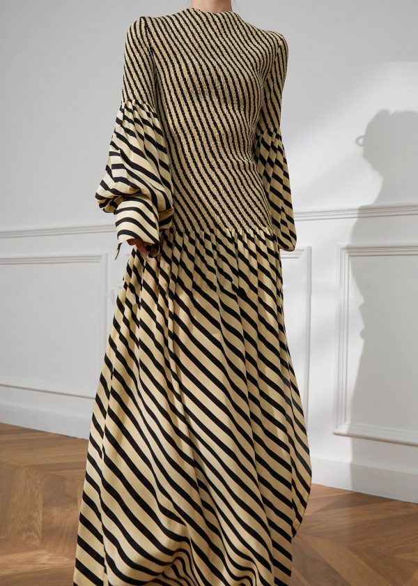 French Yellow O Neck Striped Patchwork Cotton Dress Fall - Image 2