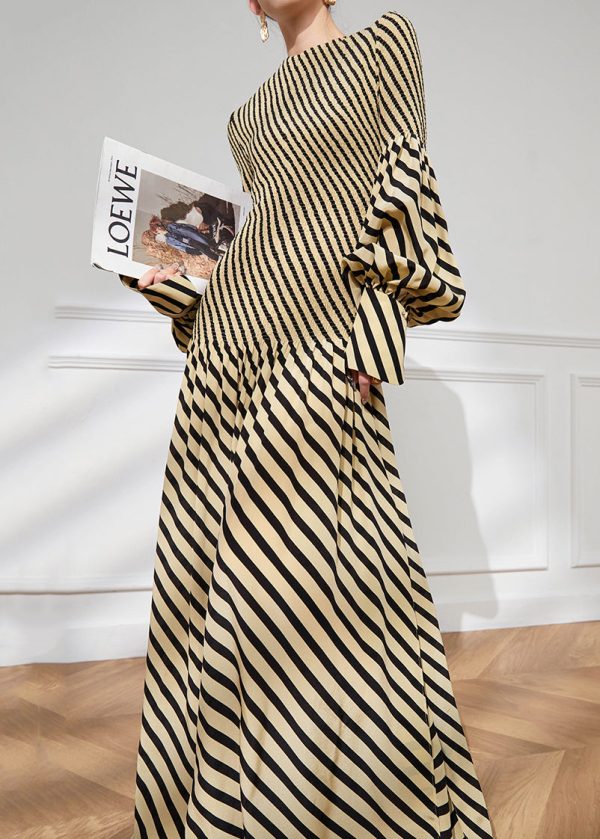 French Yellow O Neck Striped Patchwork Cotton Dress Fall - Image 3