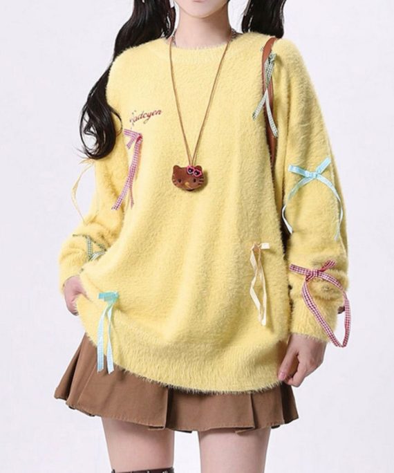 French Yellow Oversized Bow Knitted Tops Spring
