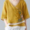 French Yellow V Neck asymmetrical design Shirt Spring