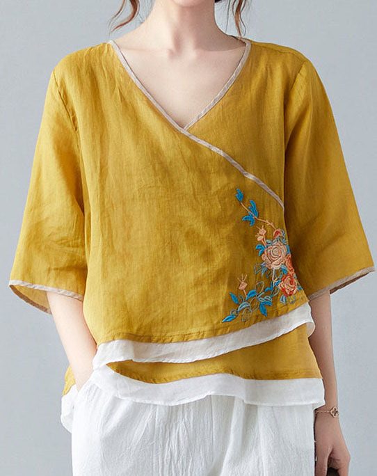 French Yellow V Neck asymmetrical design Shirt Spring