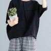 French black cotton blended clothes For Women stylish Fabrics o neck Batwing Sleeve patchwork loose Summer tops