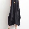 French black v neck linen clothes For Women stylish design sleevless loose summer Dress