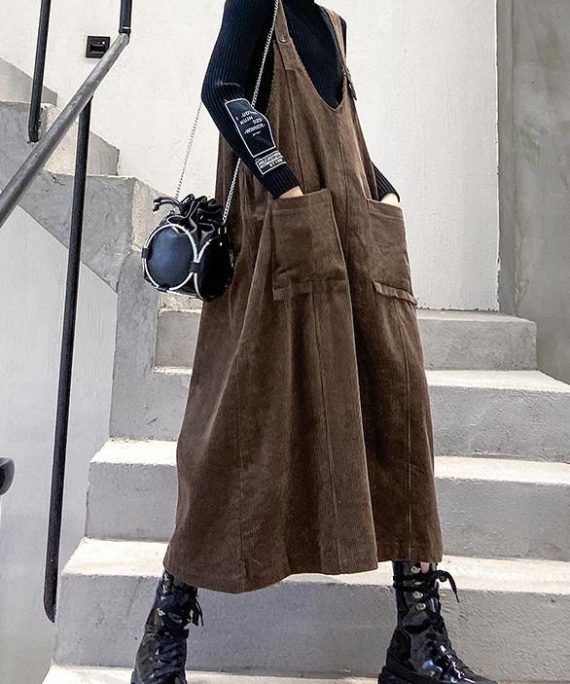 French chocolate big pockets cotton clothes For Women sleeveless Maxi spring Dress