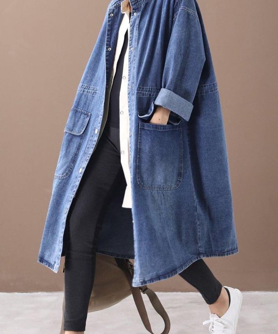 French denim blue Plus Size box coat Shape stand collar drawstring coat