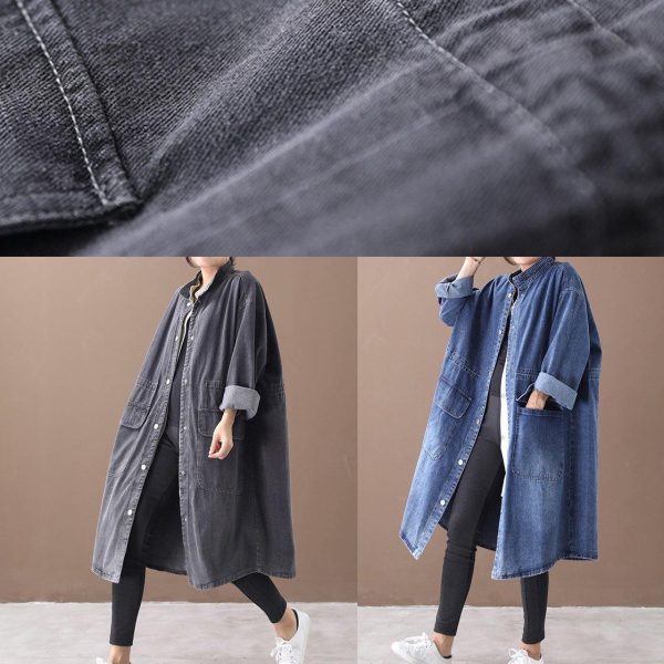 French denim blue Plus Size box coat Shape stand collar drawstring coat - Image 5