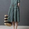 French green Cotton Tunics o neck pockets Dresses