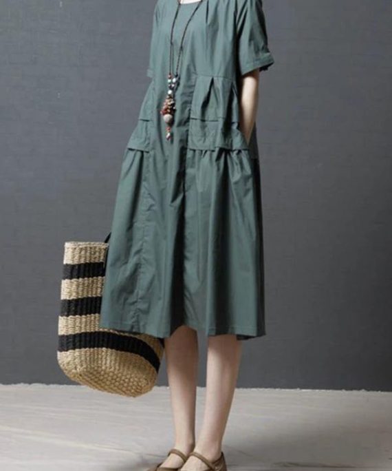 French green Cotton Tunics o neck pockets Dresses