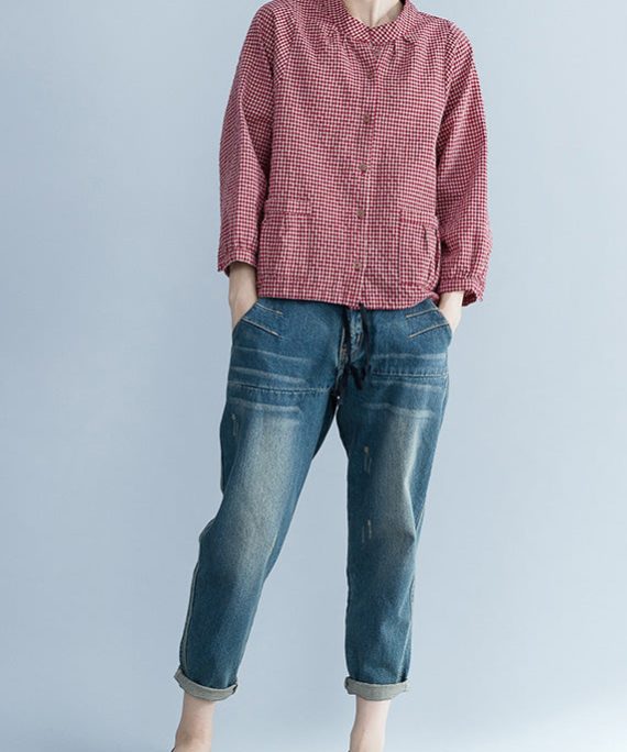French long sleeve linen Blouse Pakistani Tunic Tops red silhouette shirt plaid