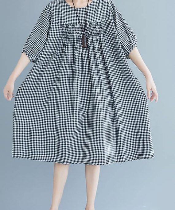 French o neck lantern sleeve clothes For Women pattern black Plaid Dresses summer