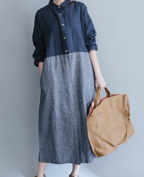 French patchwork cotton Wardrobes Fitted Work blue striped cotton robes Dress spring
