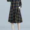 French plaid Cotton clothes Women lapel pockets daily spring Dresses