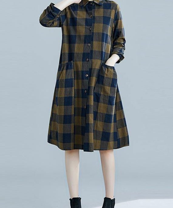 French plaid Cotton clothes Women lapel pockets daily spring Dresses