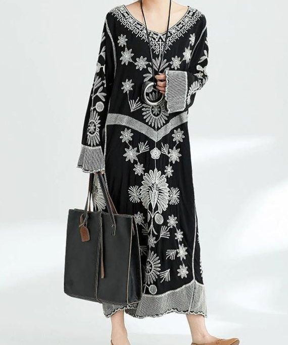 French black print v neck baggy chiffon robes spring Dresses
