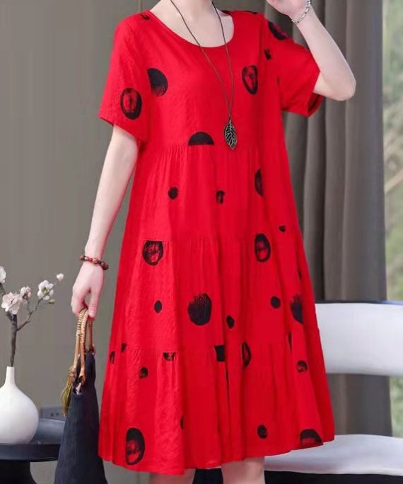French red print Cotton clothes o neck pockets Art summer Dresses