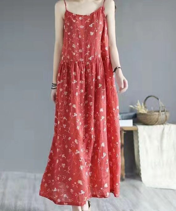 French red print cotton clothes Spaghetti Strap Dresses summer Dresses