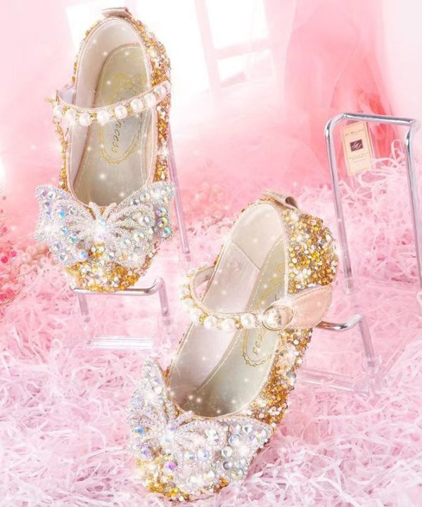 Girl Baby Princess Crystal Shoes Pink Chic Buckle Strap Nail Bead - Image 3