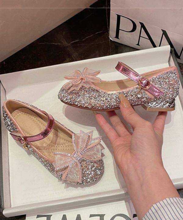 Girl Princess Shoes Fashion Silver Bow Zircon Buckle Strap - Image 2