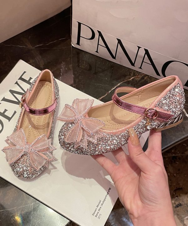 Girl Princess Shoes Fashion Silver Bow Zircon Buckle Strap - Image 4