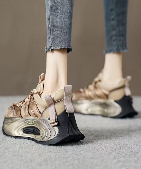 Gold Flat Shoes For Platform Genuine Leather 2025 Splicing Cross Strap