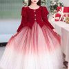 Gradient Color Red Patchwork Wrinkled Tulle Girls Long Dress Spring