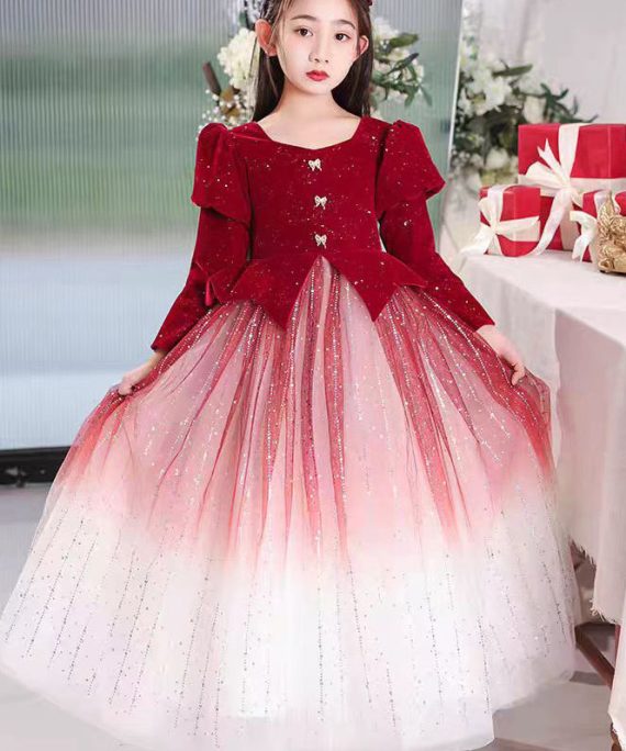 Gradient Color Red Patchwork Wrinkled Tulle Girls Long Dress Spring