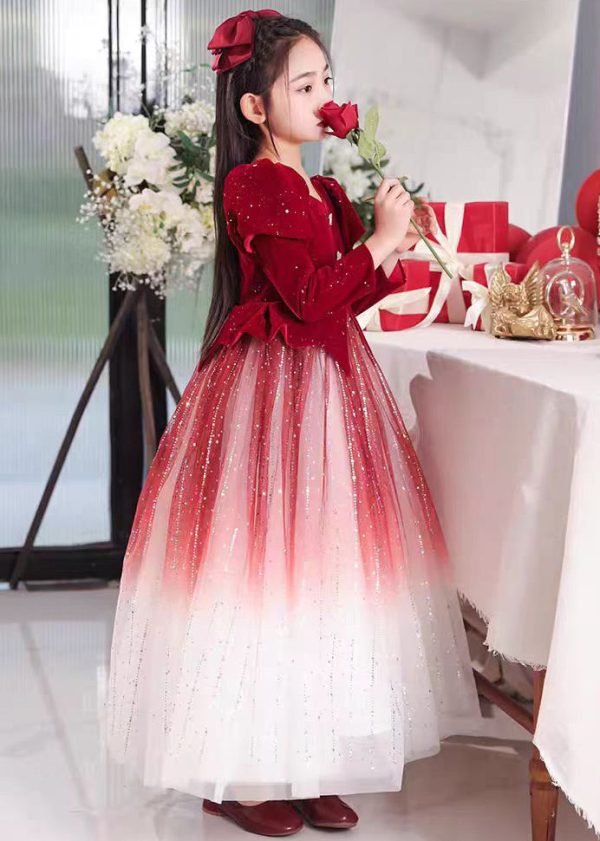 Gradient Color Red Patchwork Wrinkled Tulle Girls Long Dress Spring - Image 3